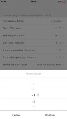Thermostat Settings Screen with Temperature Calibration Thermostat settings screen with temperature calibration.