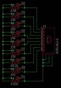 Schemat elektryczny końcówki Wiremap z rezystorami i diodami LED podłączonymi do złącza RJ45
