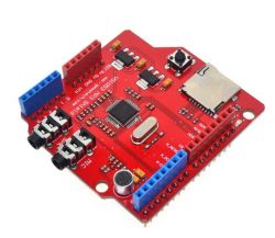 Red electronic board with various components, including an SD card reader, buttons, and connector pins.