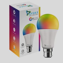 Colorful Syska LED bulb next to packaging.