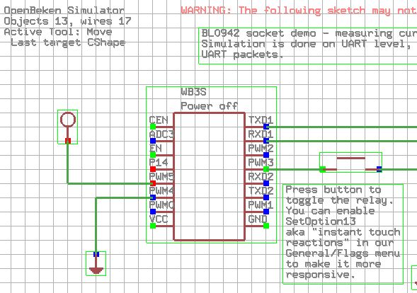 WB3S Circuit Simulation in OpenBeken Simulator Electronic circuit diagram in OpenBeken Simulator with a WB3S microprocessor and instructions on the right.