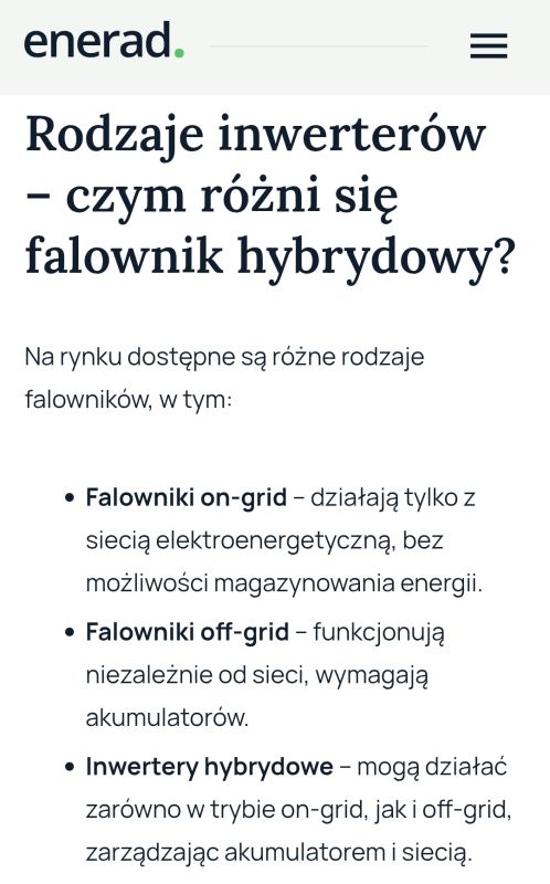 Zrzut ekranu artykułu o rodzajach inwerterów od enerad.pl