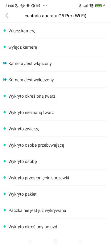 Ekran aplikacji kamery G5 Pro pokazujący opcje i wykrycia