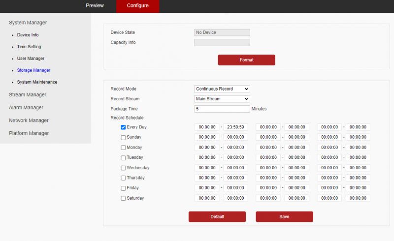 Zrzut ekranu panelu konfiguracyjnego kamery IP z ustawieniami harmonogramu nagrywania.