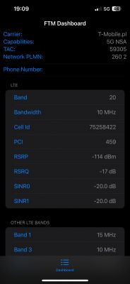 Zrzut ekranu z aplikacji FTM Dashboard na telefonie pokazujący parametry sieci komórkowej.