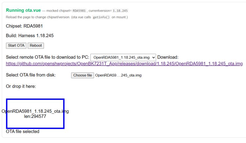 OTA interface with selected file OpenRDA5981_1.18.245_ota.img