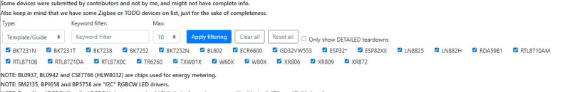 Screenshot of a webpage with filters and a list of chip/device names with checked boxes