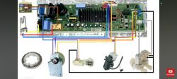 Schemat połączeń elektrycznych przedstawiający płytę główną z różnymi komponentami i kolorowymi przewodami.