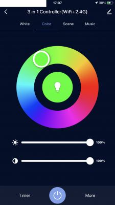 MiBoxer LED Control Application Interface Mobile application interface of MiBoxer showing LED control with color wheel and brightness sliders.