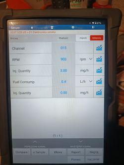 Ekran diagnostyczny z danymi dotyczącymi silnika samochodu Seat Leon 1.9 TDI ASV.
