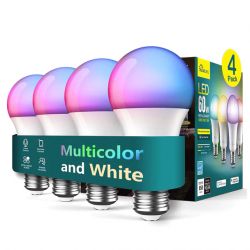 Smart Color-Changing LED Light Bulbs - 4 Pack Four smart color-changing LED light bulbs with packaging.