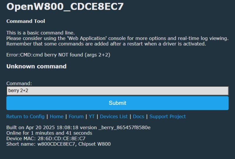 Screenshot of the OpenW800 panel showing an error after entering the command berry 2+2 in the command line.