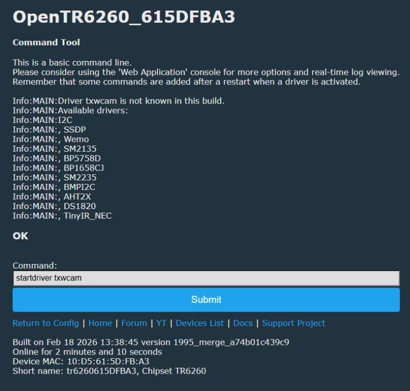 Screenshot of OpenTR6260 showing available drivers and the command field “startdriver txwcam”.
