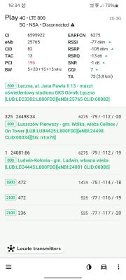 Zrzut ekranu aplikacji do analizy sygnału sieci komórkowej pokazujący szczegóły dotyczące LTE i 5G.