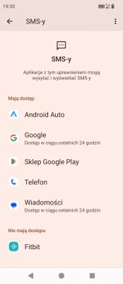 Ekran ustawień uprawnień SMS z listą aplikacji mających dostęp