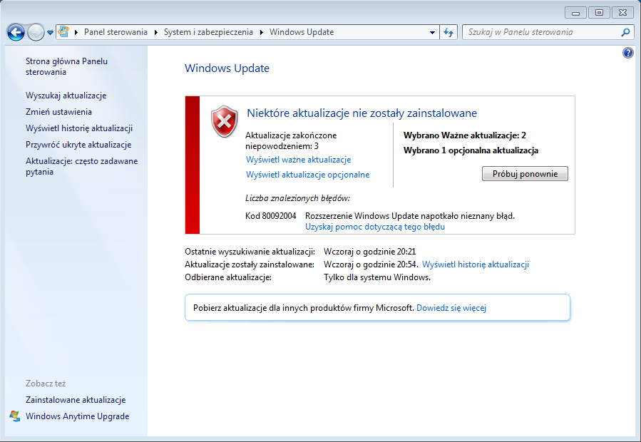 Błąd 80092004 przy instalacji aktualizacji KB4516065 i KB4524752 na Win7