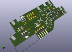 Wizualizacja projektu płytki PCB z elementami elektronicznymi.