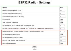 Screenshot of ESP32 radio settings with display and VU meter configuration options.