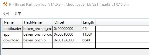 Partition table for BK7231N showing bootloader, app, and download regions