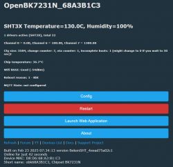User interface of the OpenBK7231N system displaying temperature and humidity information.
