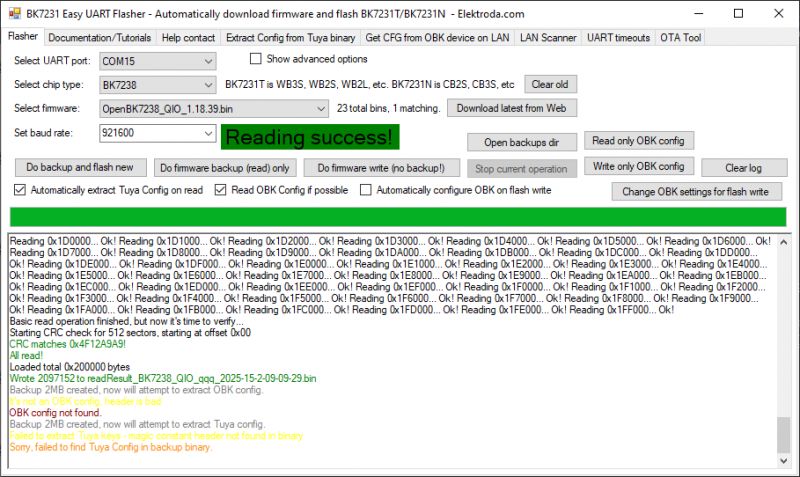 BK7231 Easy UART Flasher – Successful Reading BK7231 Easy UART Flasher tool with Reading success! message