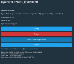 OpenRTL87X0C dashboard with Config, Restart, Launch Web Application, and About buttons.