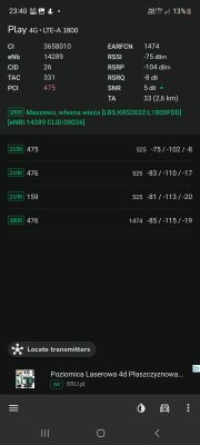 Zrzut ekranu z aplikacji do testów sieci Play 4G LTE-A 1800.