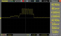 Oscilloscope LED Blink Detection Oscilloscope signal waveform depicting LED blink detection.