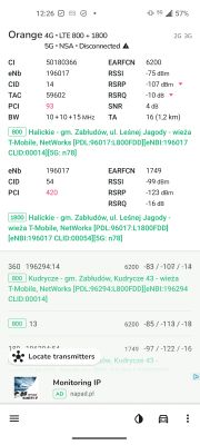 Zrzut ekranu z aplikacji NetMonster pokazujący parametry sieci Orange 4G dla nadajników LTE 800 i 1800, z widocznymi wartościami sygnału i identyfikatorami stacji bazowych.