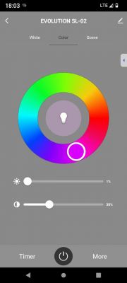 App interface for controlling RGB lamp with color, brightness, and contrast settings.