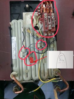 Water heater with highlighted electrical components and wires.