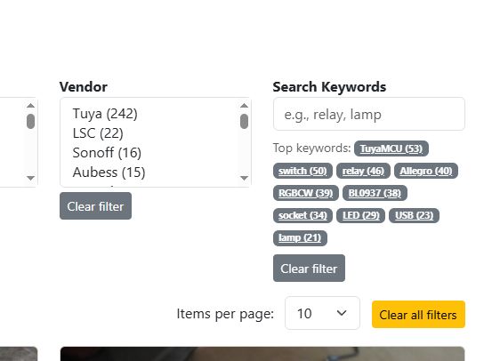AI-generated IoT Device Browser Screenshot of a web page for browsing, filtering, and searching IoT devices from a JSON database.