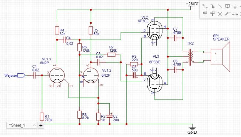 Schemat wzmacniacza lampowego z lampami 6N2P i 6P3SE, transformatorem TR2 i głośnikiem
