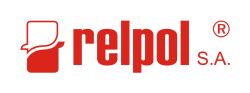 Logo Relpol S.A. z czerwonym napisem i symbolem graficznym znaku towarowego.