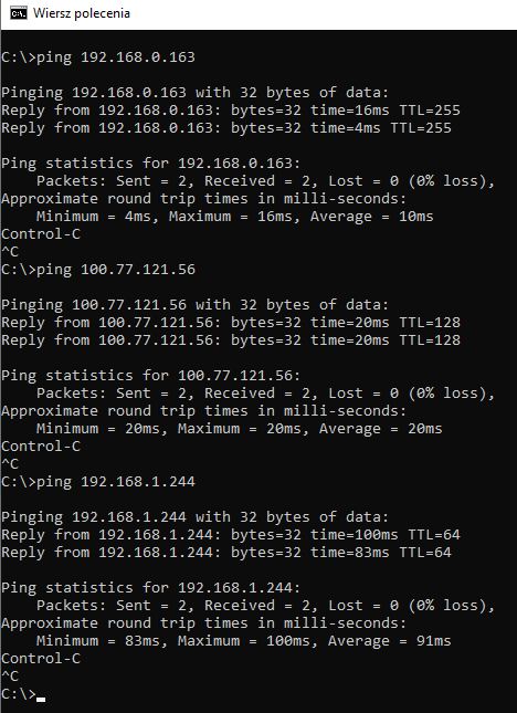 Command Prompt screenshot showing ping results for three different IP addresses