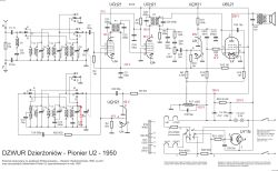 Schemat obwodu radiowego Pionier U2 z 1950 roku z zaznaczonym kondensatorem C19.