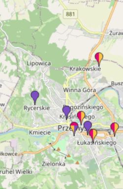 Mapa nadajników w Przemyślu z oznaczeniem technologii 5G i lokalizacji