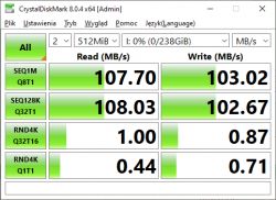 Test wydajności dysku w CrystalDiskMark.