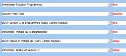 Zrzut ekranu programu diagnostycznego z pozycjami immobilizera i Vehicle-ID oraz statusami „Yes”, „Inactive”, „Okay”.
