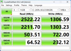Zrzut CrystalDiskMark z wynikami testu dysku C: odczyt do 2522 MB/s i zapis do 1307 MB/s