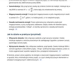 Fragment artykułu opisujący samoindukcję, magazynowanie energii i działanie cewki w obwodzie.