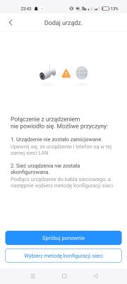 Komunikat o błędzie połączenia z urządzeniem na ekranie smartfona
