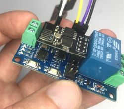 Relay module with blue Songle 12V relay and ESP-01 board, held in a hand