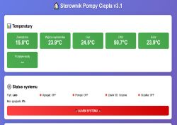 Ekran sterownika pompy ciepła z temperaturami i alarmem systemu.