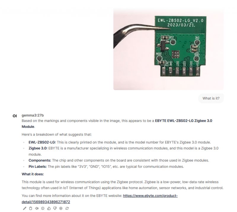 EBYTE Zigbee Module EWL-ZBS02-LG Printed circuit board with markings EWL-ZBS02-LG V2.0 and date 2023/03/21, held by tweezers.