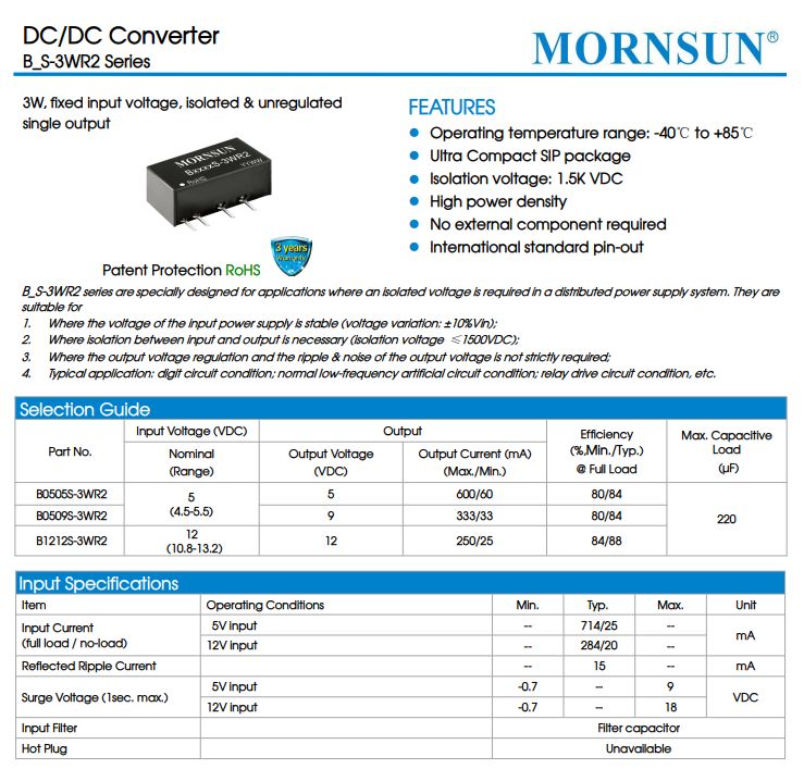 Mornsun B0505S-3WR2 Isolated DC/DC Converter Specifications Mornsun B0505S-3WR2 DC/DC converter datasheet with electrical specifications