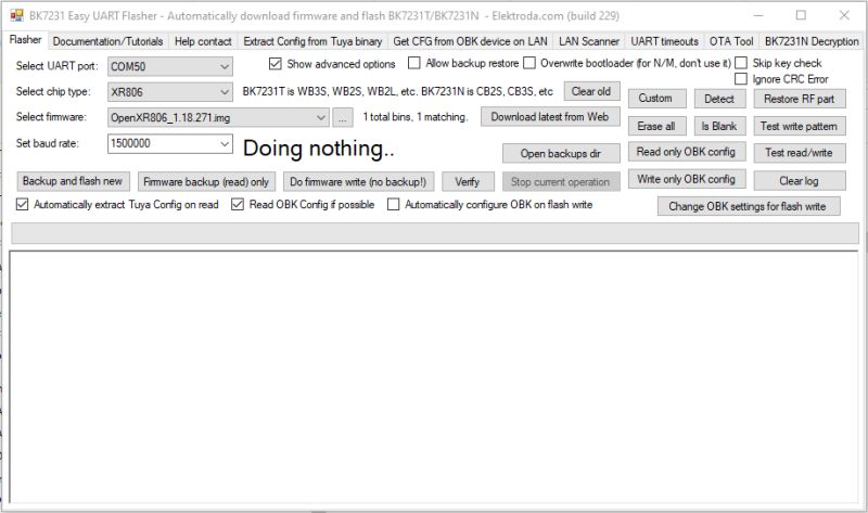 Screenshot of BK7231 Easy UART Flasher with COM50 selected and status “Doing nothing..”