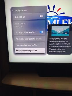 Ekran telewizora z menu połączeń pokazującym opcje Google Cast i udostępniania pamięci