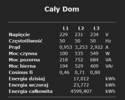 Table with energy consumption data for three phases: L1, L2, L3.