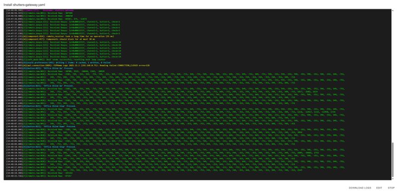 ESPHome console showing green log of Dooya RF signal decode and transmit